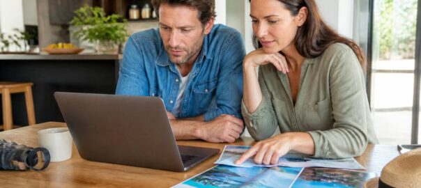 Stel dat vakanties vergelijkt op een laptop en reisfolders bekijkt