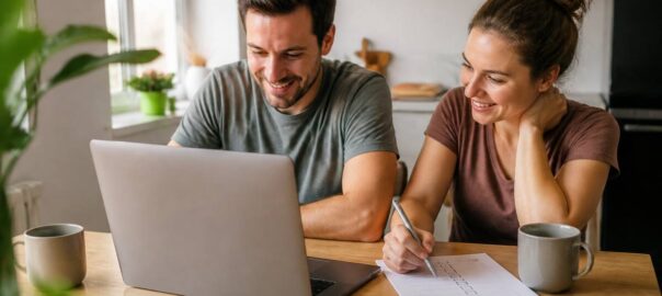 Koppel vergelijkt vakanties met laptop en een checklist op een keukentafel